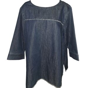 Martha Stewart Fringed Denim Split Hem 3/4 Bell Sleeve Top